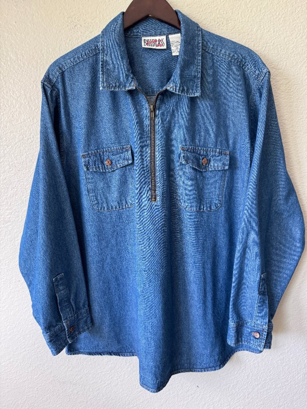 Vtg Bill Blass Cotton Popover Blue Denim Shirt 1/4 Zip Utility Relaxed Layering